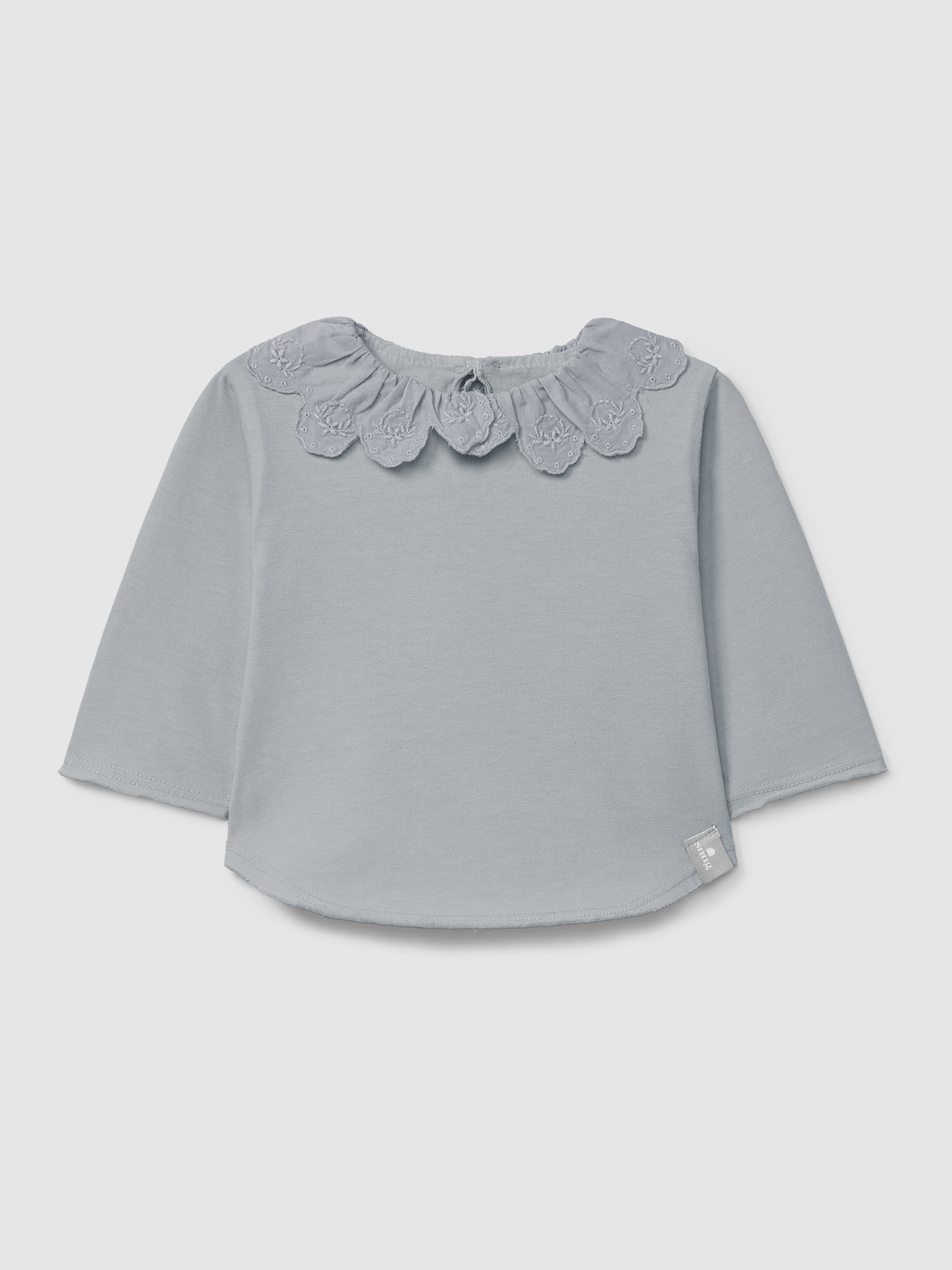 Camiseta de manga larga con cuello de volante en bordado inglés en algodón orgánico