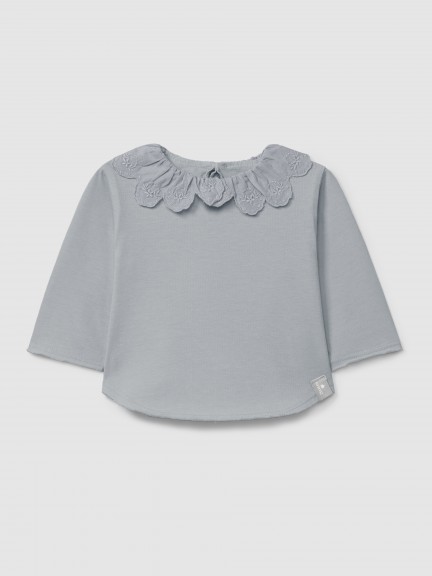 Camiseta de manga larga con cuello de volante en bordado ingl�s en algod�n org�nico