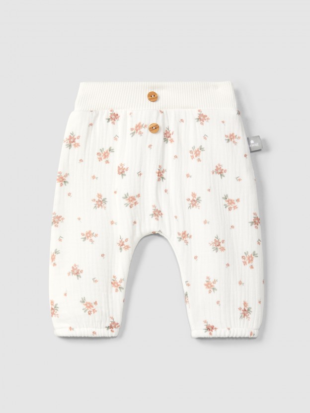 Calças pull-up em gaze estampada Calças pull-up em gaze estampada