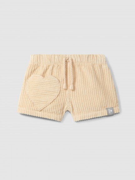 Calções pull-up em veludo canelado com bolso coração Calções pull-up em veludo canelado com bolso coração