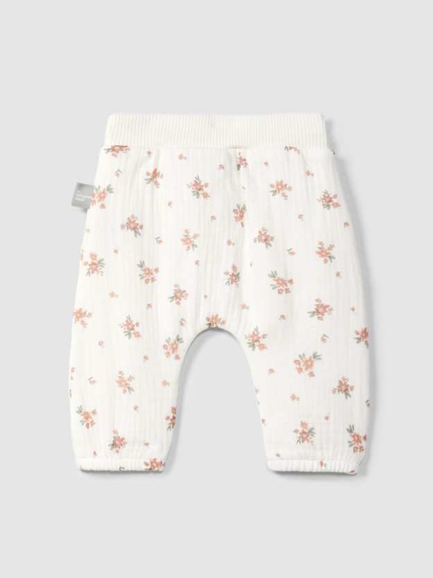 Calças pull-up em gaze estampada Calças pull-up em gaze estampada