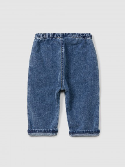 Calças pull-up em denim de algodão orgânico Calças pull-up em denim de algodão orgânico