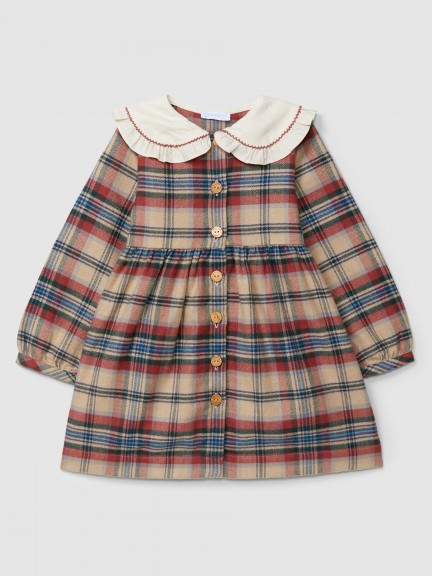Check dress with ruffled collar