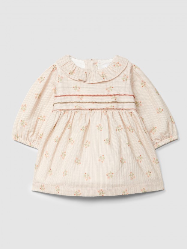 Vestido riscas e flores com gola de folho Vestido riscas e flores com gola de folho