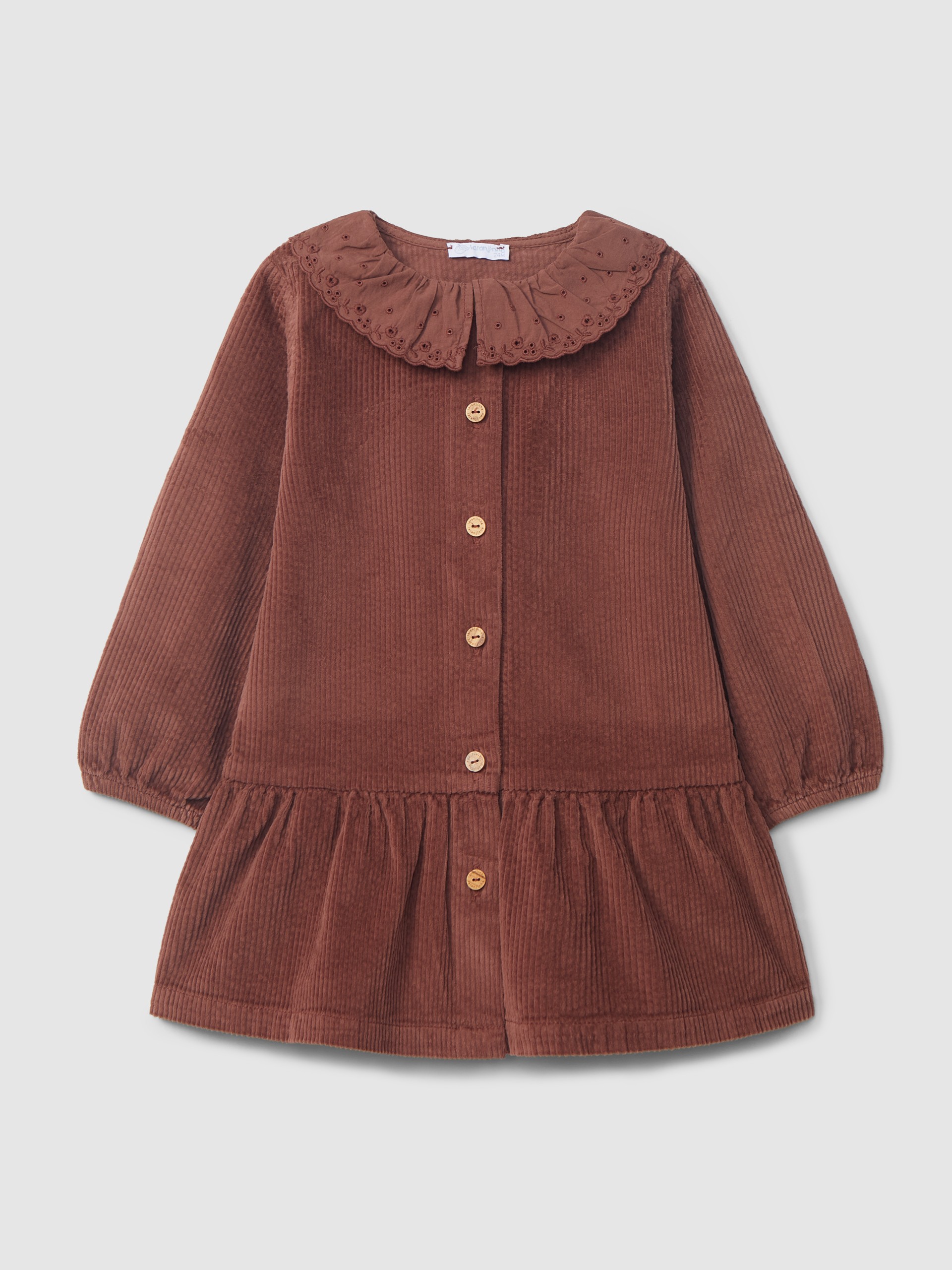 Robe velours côtelé col à volant broderie anglaise
