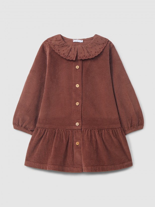 Robe velours côtelé col à volant broderie anglaise Robe velours côtelé col à volant broderie anglaise