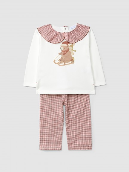 Pijama xadrez vichy urso e coelho no trenó com gola franzida Pijama xadrez vichy urso e coelho no trenó com gola franzida