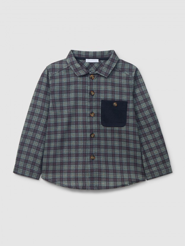 Camisa xadrez com bolso em bombazine Camisa xadrez com bolso em bombazine