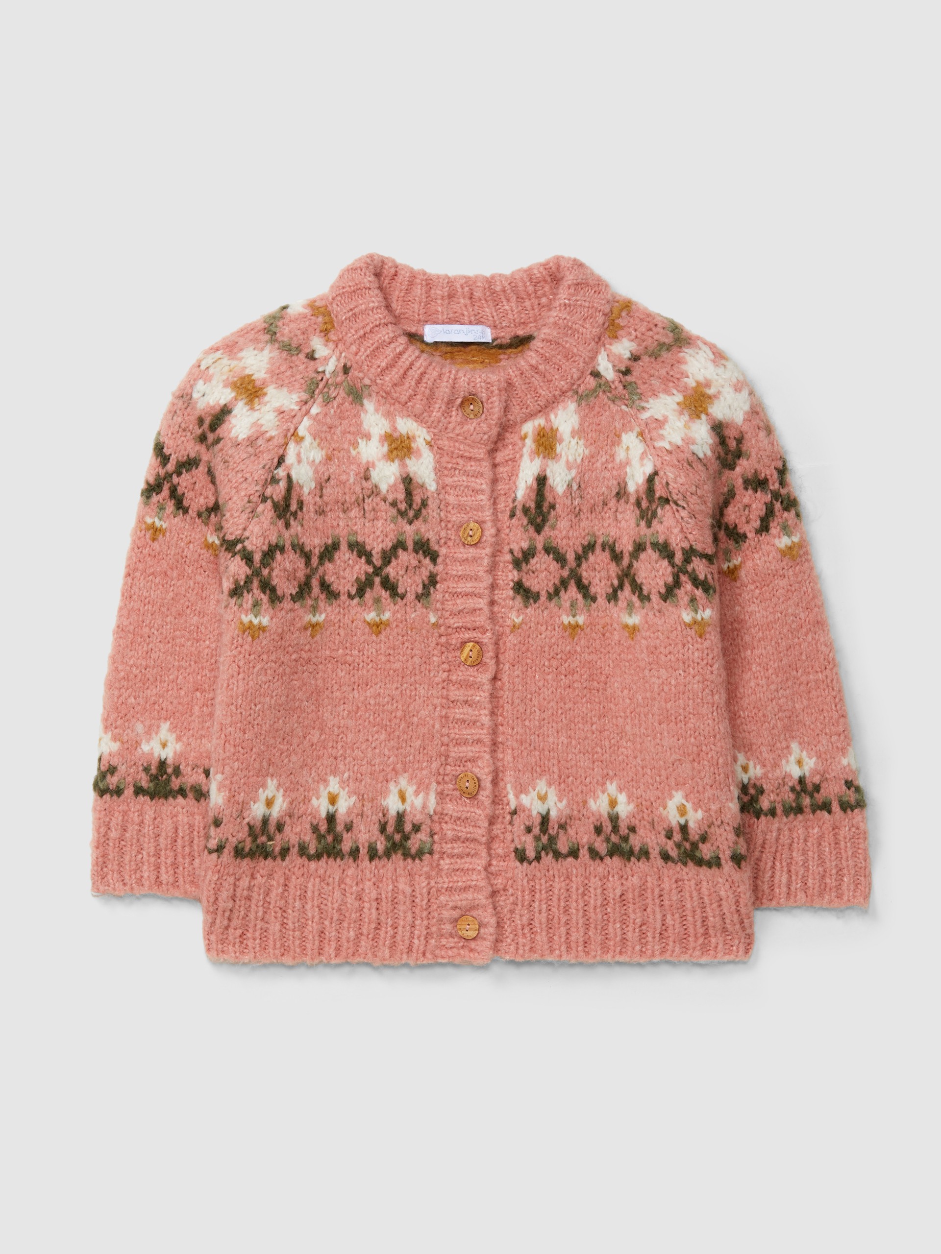 Knitted jacquard cardigan crew neck