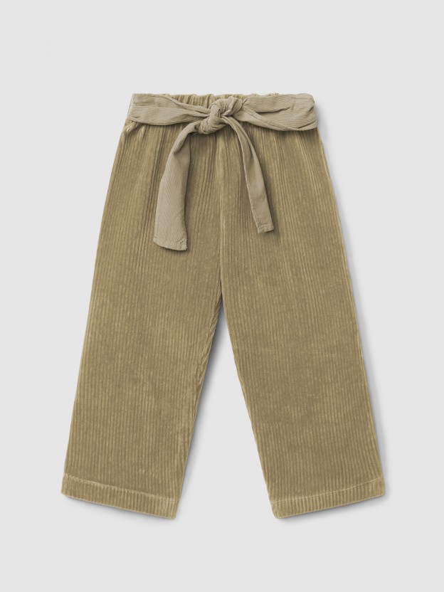 Pantalón pull-up wide leg tejido tipo pana con cinta Pantalón pull-up wide leg tejido tipo pana con cinta