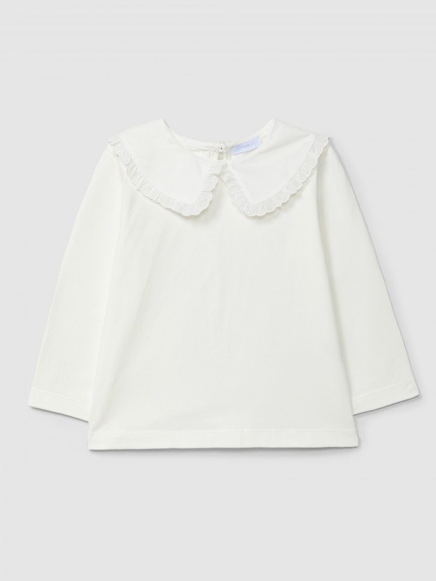 Camiseta de manga larga en algodón con cuello de volante Camiseta de manga larga en algodón con cuello de volante