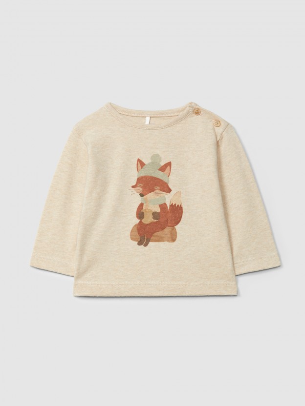 Camiseta de manga larga zorra bebiendo chocolate caliente Camiseta de manga larga zorra bebiendo chocolate caliente