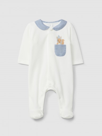 Babygrow en velours � carreaux vichy et �cureuil