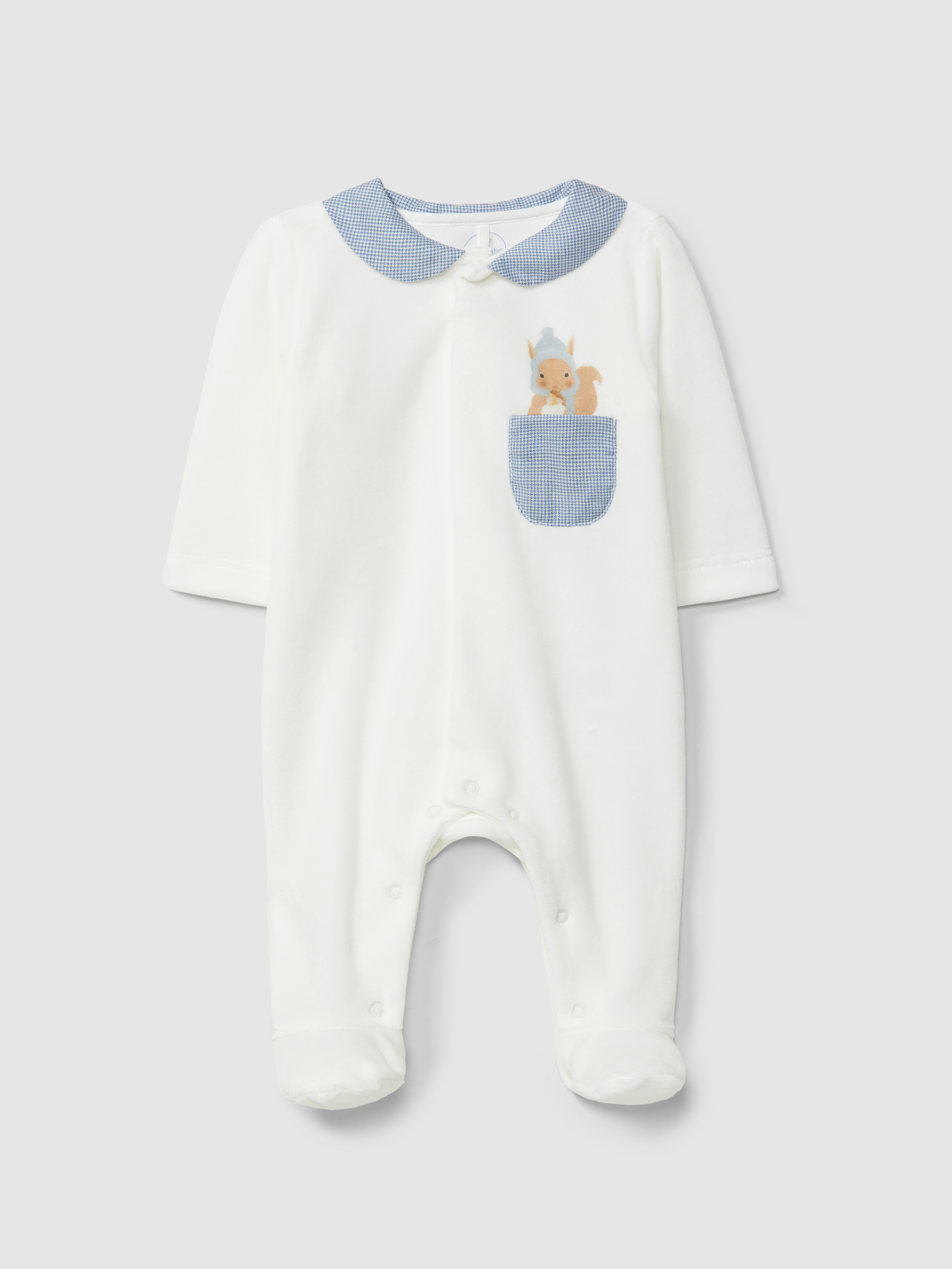 Babygrow em veludo xadrez vichy e esquilo