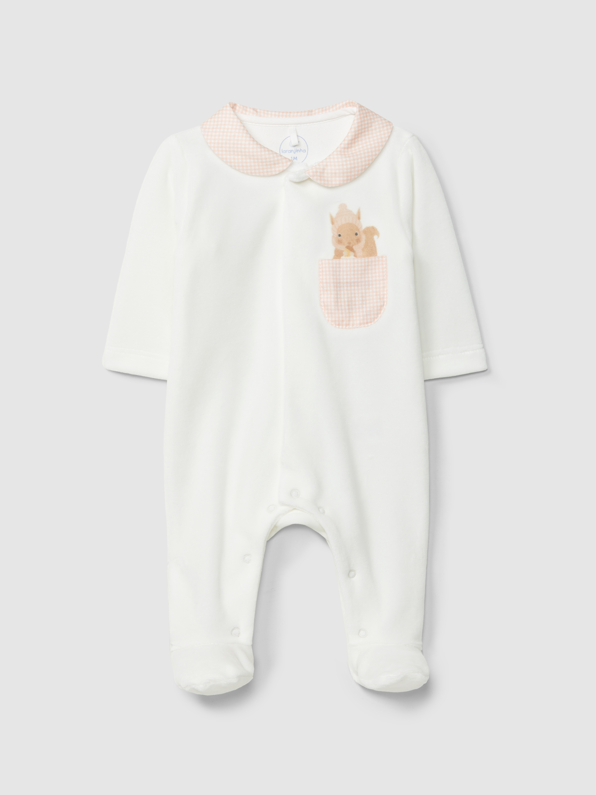Babygrow em veludo xadrez vichy e esquilo