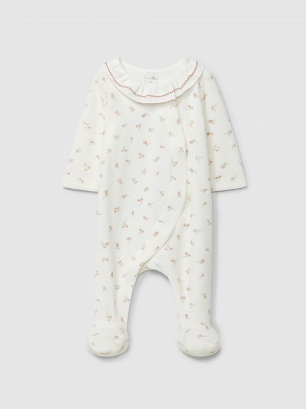 Babygrow en velours imprimé avec fleurs et col à volant Babygrow en velours imprimé avec fleurs et col à volant