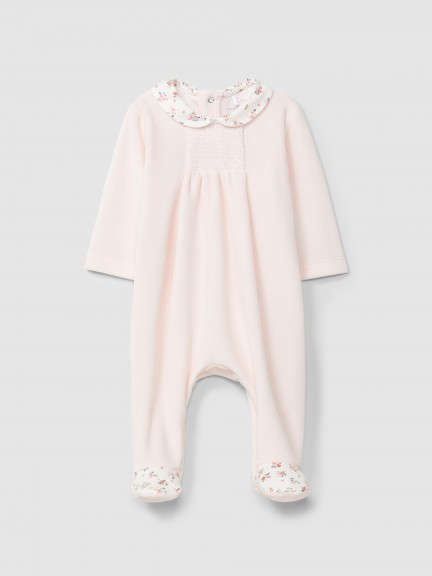 Velvet babygrow with smocking detail Velvet babygrow with smocking detail