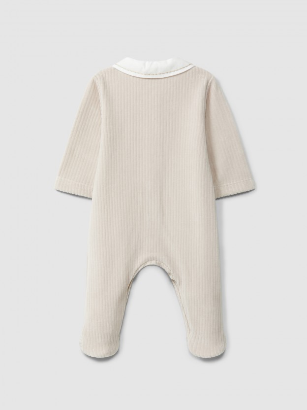 Ribbed velvet babygrow with ruffled collar