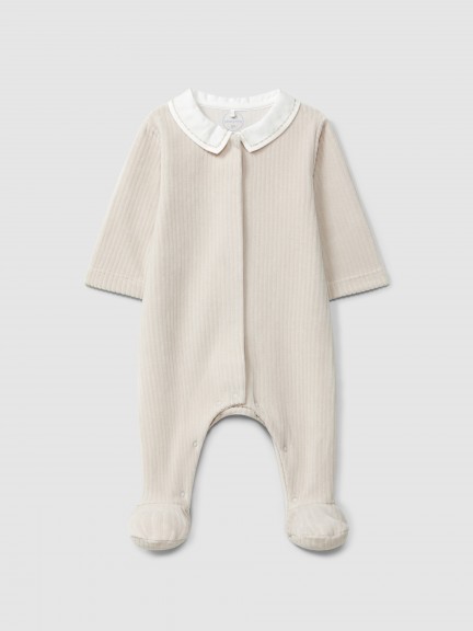 Ribbed velvet babygrow with ruffled collar