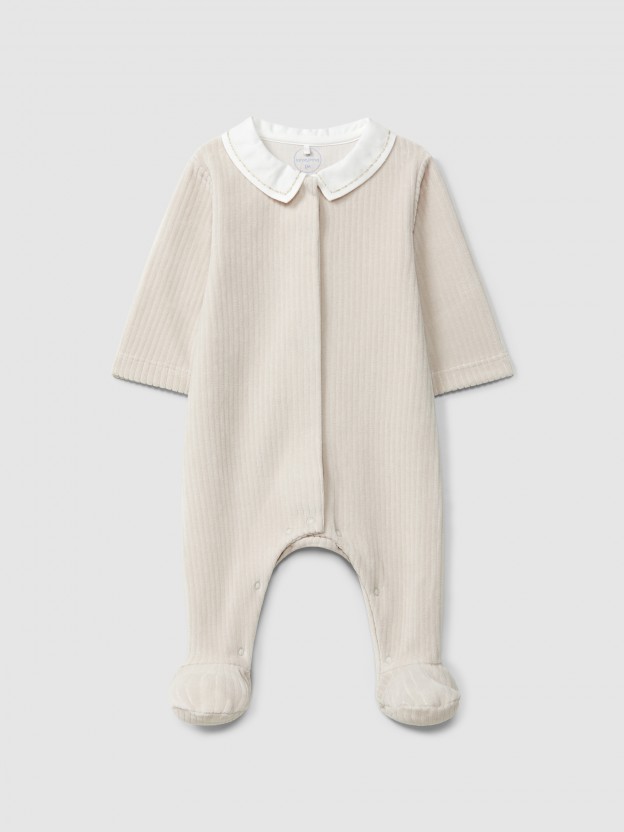 Ribbed velvet babygrow with ruffled collar