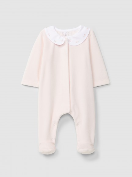 Babygrow in velvet collar with delicate floral embroidery