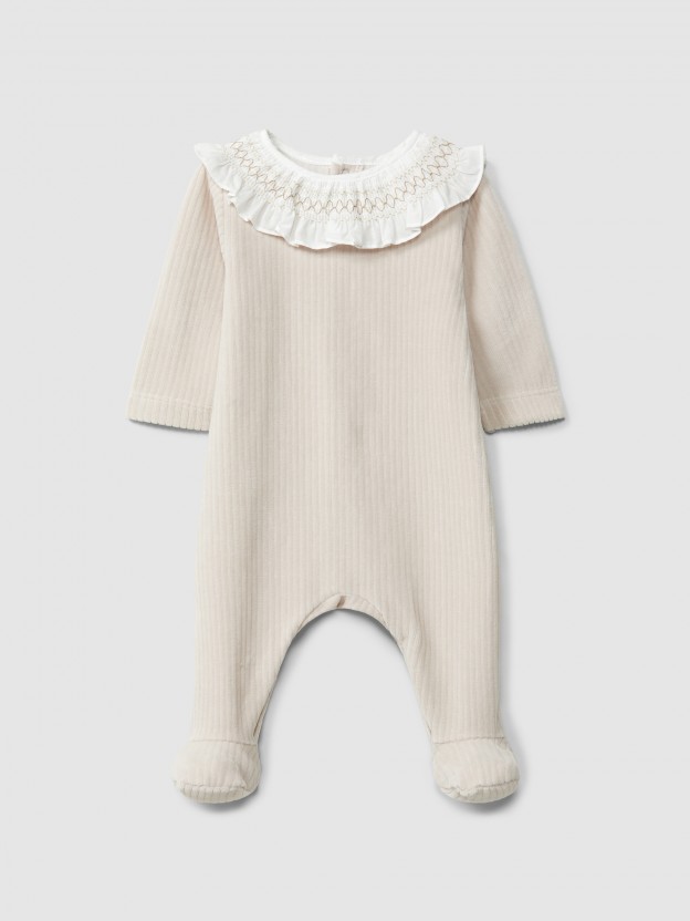 Ribbed velvet babygrow with ruffled collar