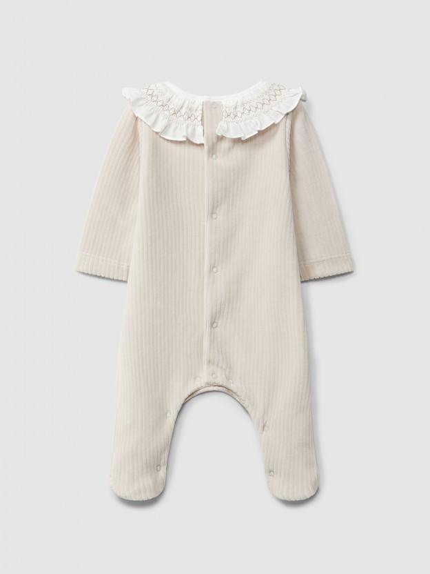Ribbed velvet babygrow with ruffled collar
