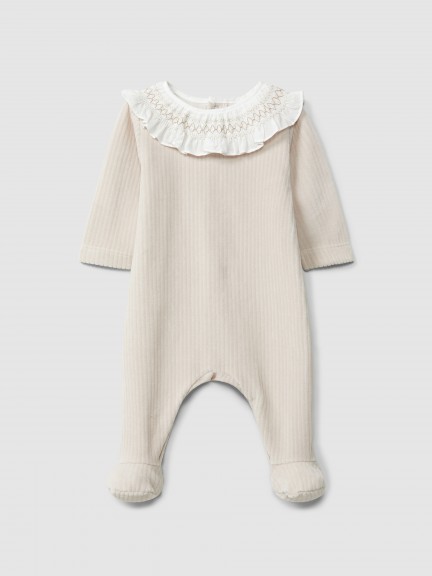 Ribbed velvet babygrow with ruffled collar
