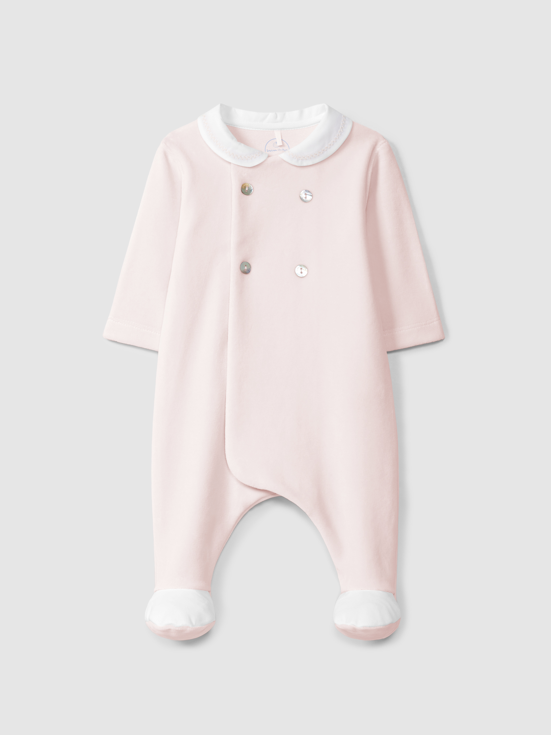 Babygrow in ribbed velvet with decorative buttons and cross stitch detail