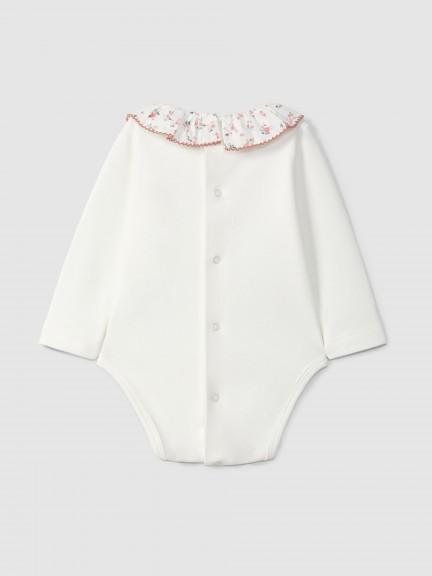 Bodysuit with ruffled floral collar and picot trim detail Bodysuit with ruffled floral collar and picot trim detail