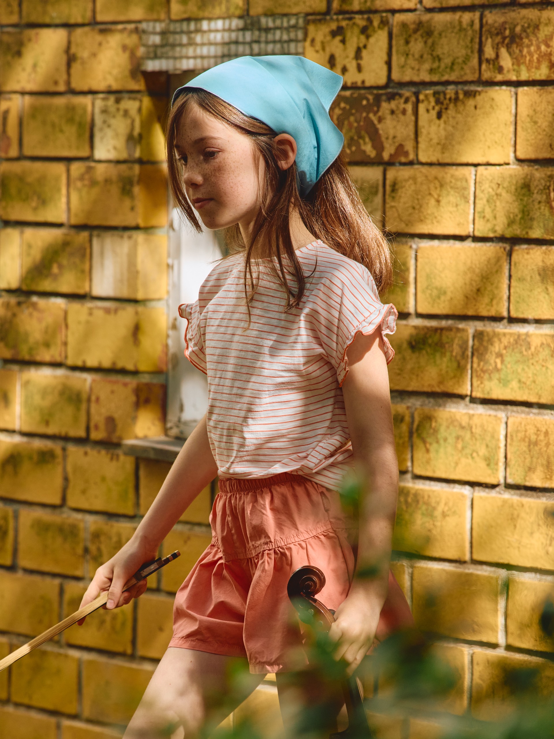 Striped T-shirt with ruffled sleeves