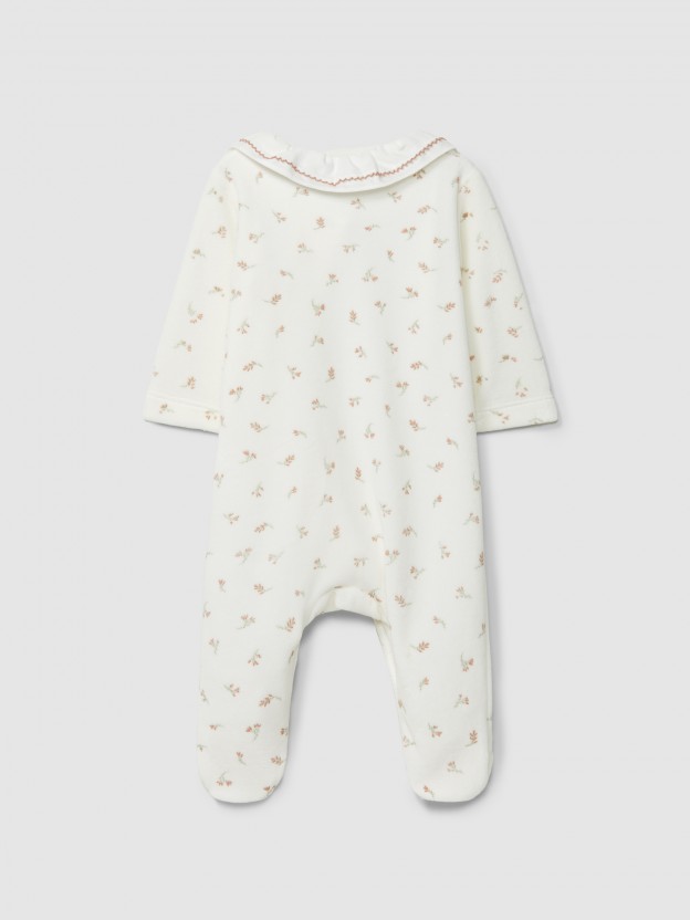 Babygrow en velours imprimé avec fleurs et col à volant Babygrow en velours imprimé avec fleurs et col à volant