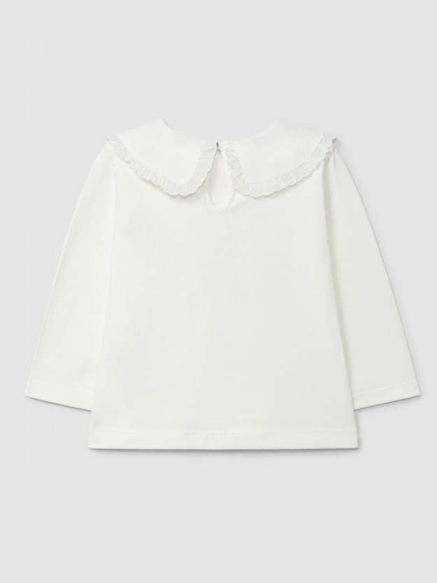 Camiseta de manga larga en algodón con cuello de volante Camiseta de manga larga en algodón con cuello de volante