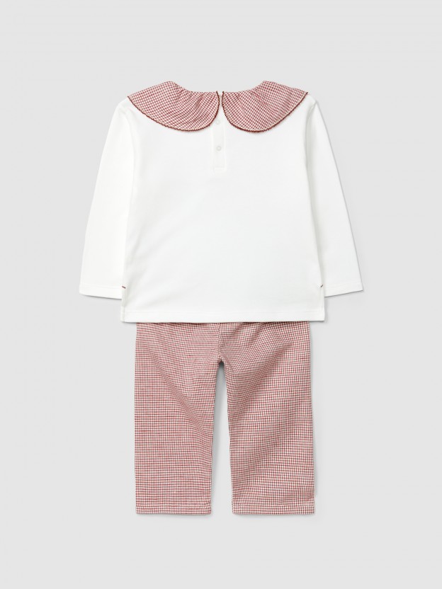 Pijama xadrez vichy urso e coelho no trenó com gola franzida Pijama xadrez vichy urso e coelho no trenó com gola franzida