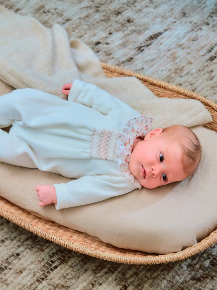 Velvet babygrow with ruffled collar and smocking