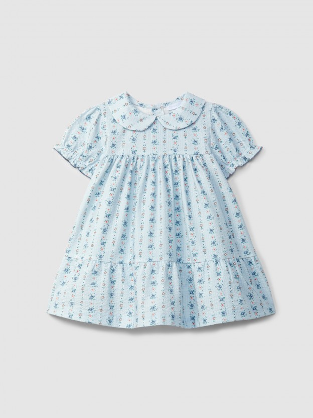 Vestido seersucker estampado floral cuello redondo