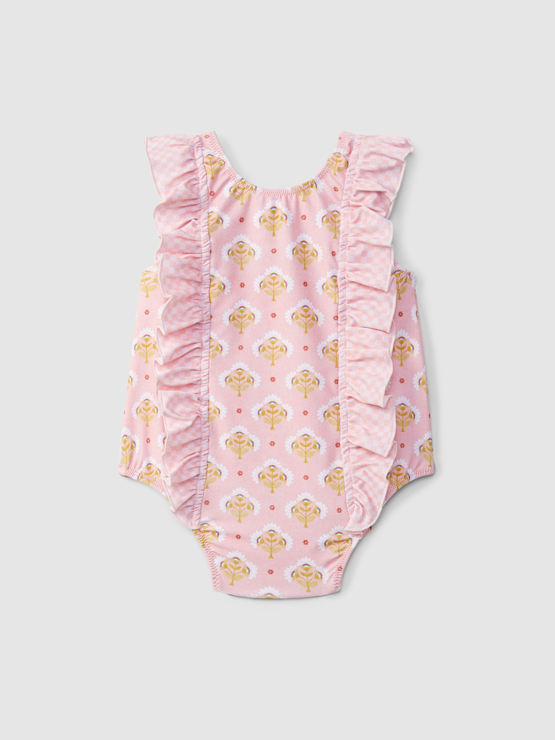 Swimsuit flowers and ruffle in vichy check