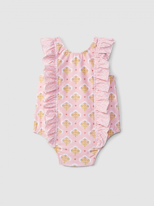 Swimsuit flowers and ruffle in vichy check Swimsuit flowers and ruffle in vichy check