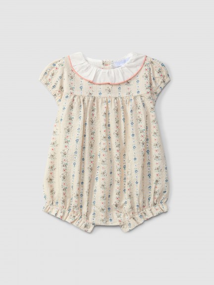 Floral print seersucker short-leg romper