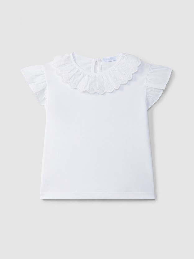 T-shirt ruffled collar English embroidery T-shirt ruffled collar English embroidery
