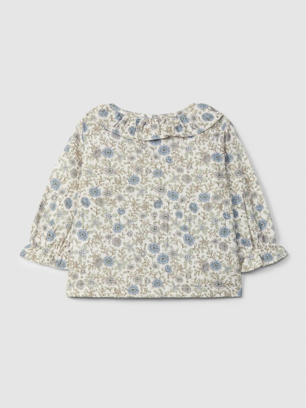 Blusa de flores con cuello de volante Blusa de flores con cuello de volante
