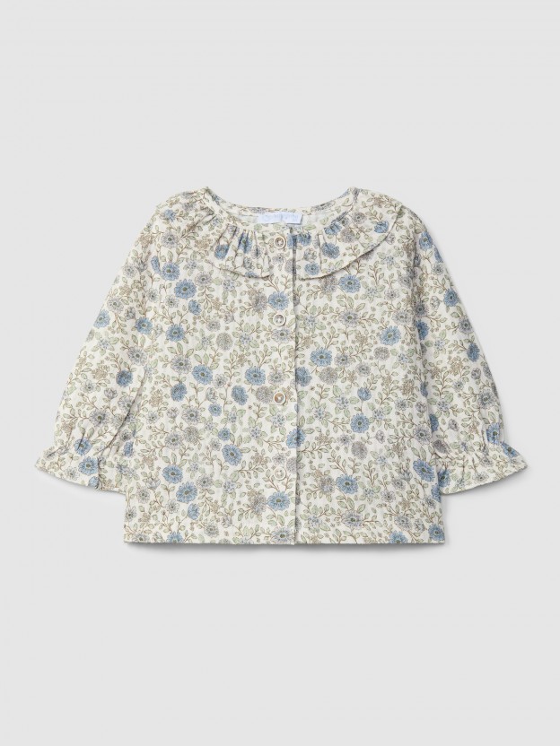 Blusa de flores con cuello de volante Blusa de flores con cuello de volante