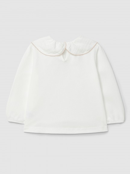 Camiseta de manga larga en tela waffle con cuello con picot Camiseta de manga larga en tela waffle con cuello con picot