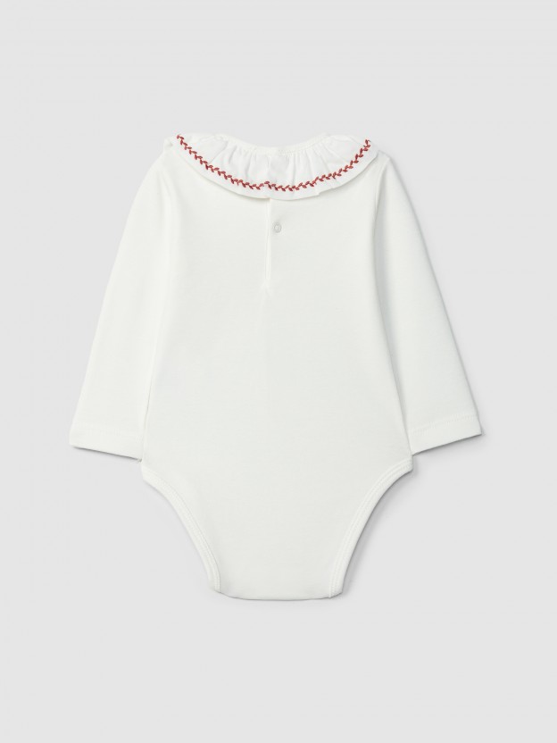 Bodysuit ruffled collar with leaf embroidery Bodysuit ruffled collar with leaf embroidery
