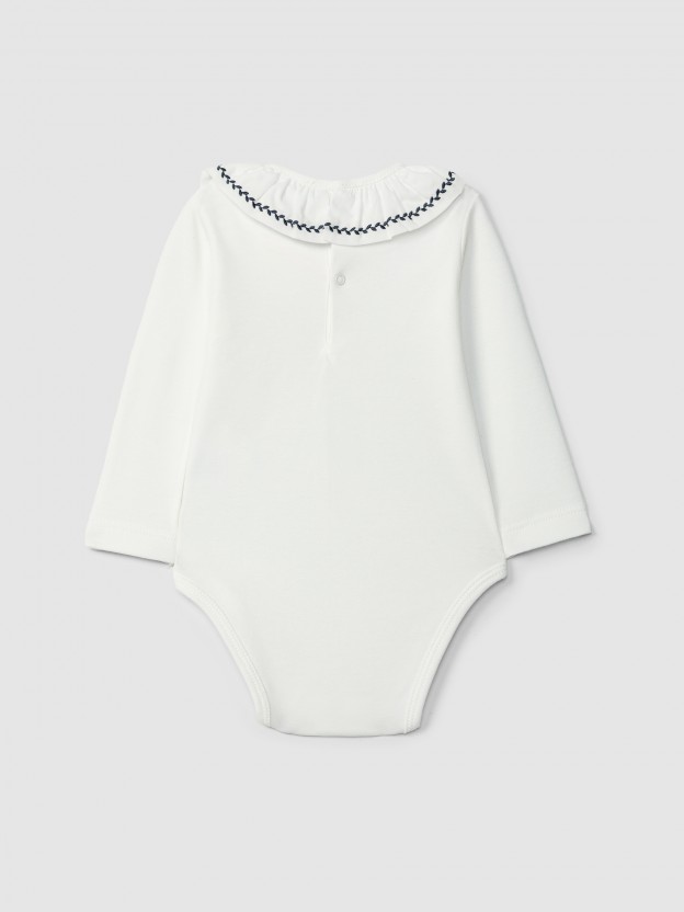 Bodysuit ruffled collar with leaf embroidery