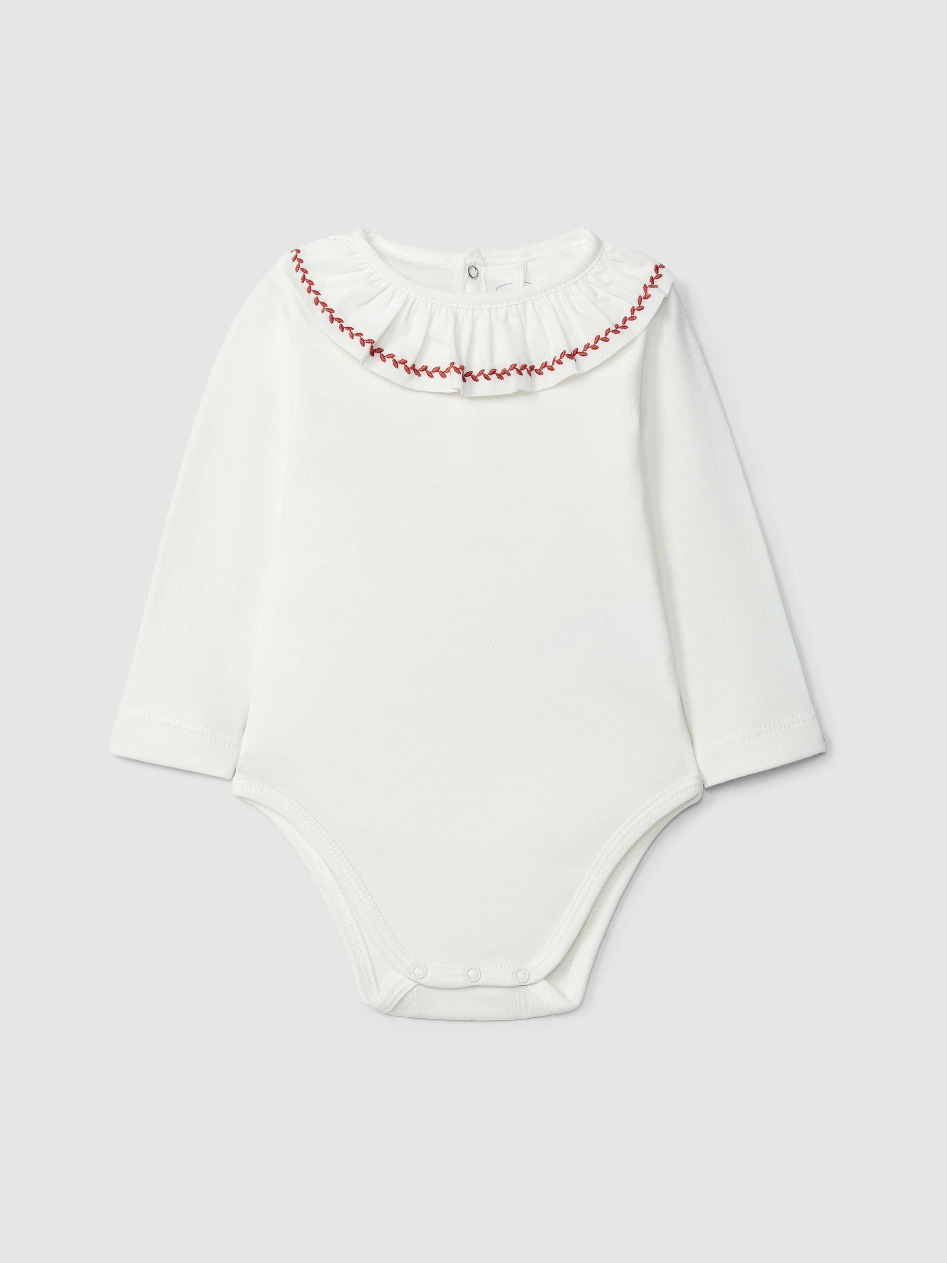 Bodysuit ruffled collar with leaf embroidery
