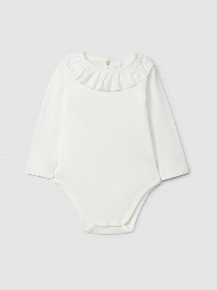 Body con cuello de volante con bordado de hojas