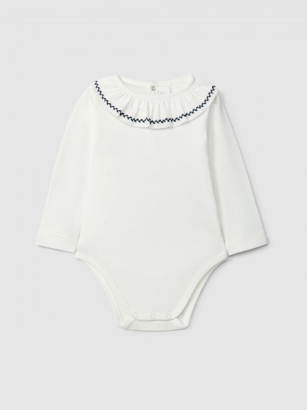Bodysuit ruffled collar with leaf embroidery