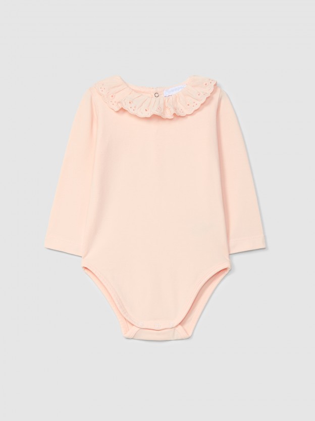 Bodysuit with ruffled collar English embroidery