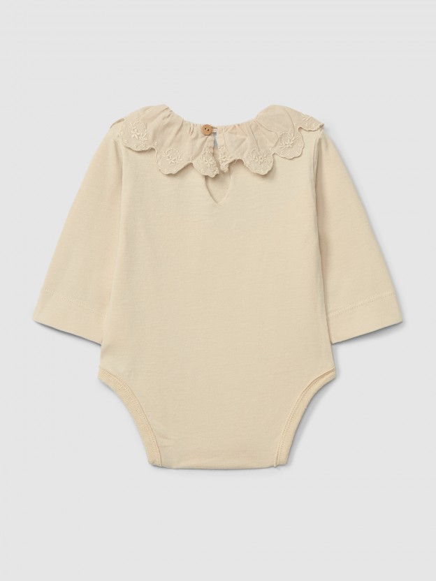 Organic cotton bodysuit with ruffled collar English embroidery Organic cotton bodysuit with ruffled collar English embroidery